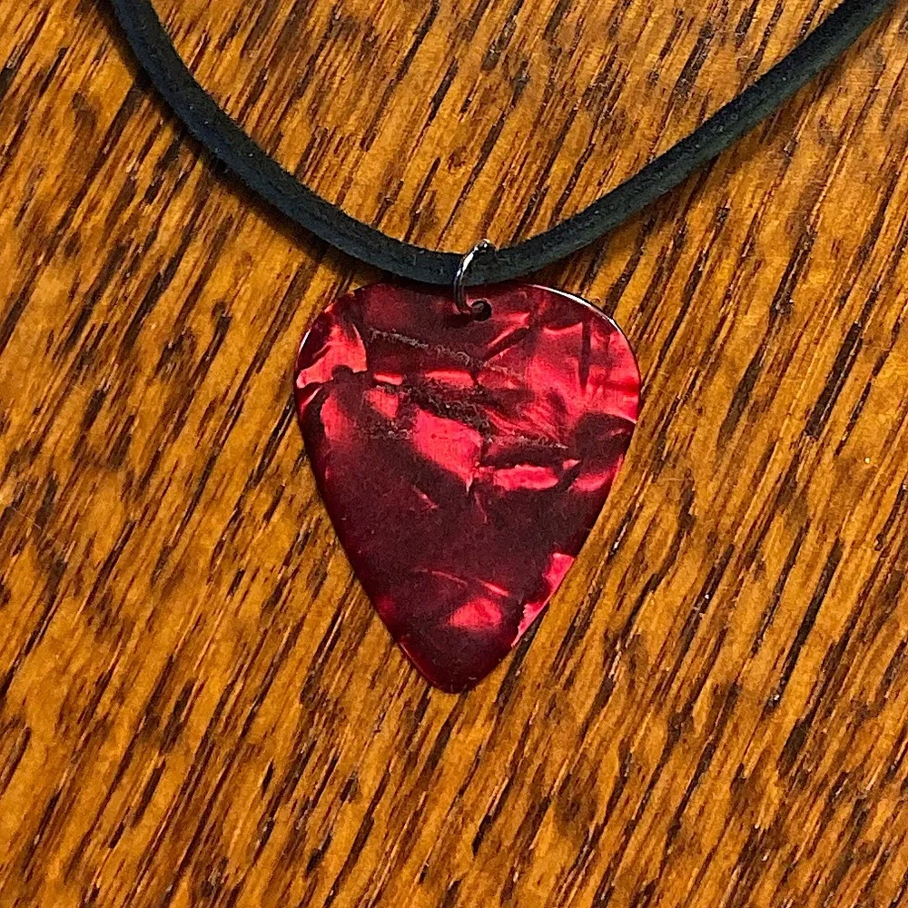 Red Guitar Pick Necklace Suede Cord Pearlescent Unisex New